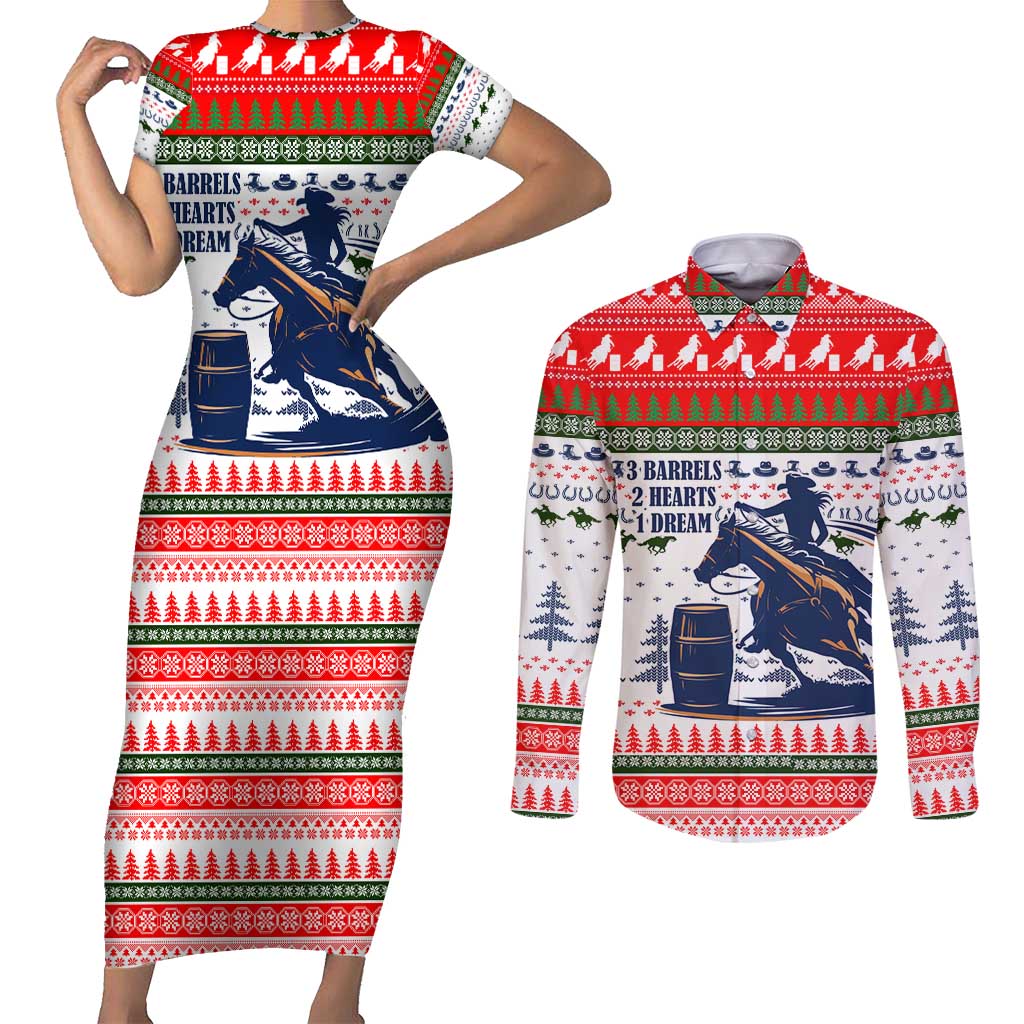 Barrel Racing Christmas Couples Matching Short Sleeve Bodycon Dress and Long Sleeve Button Shirt Xmas Holiday Patterns - Wonder Print Shop