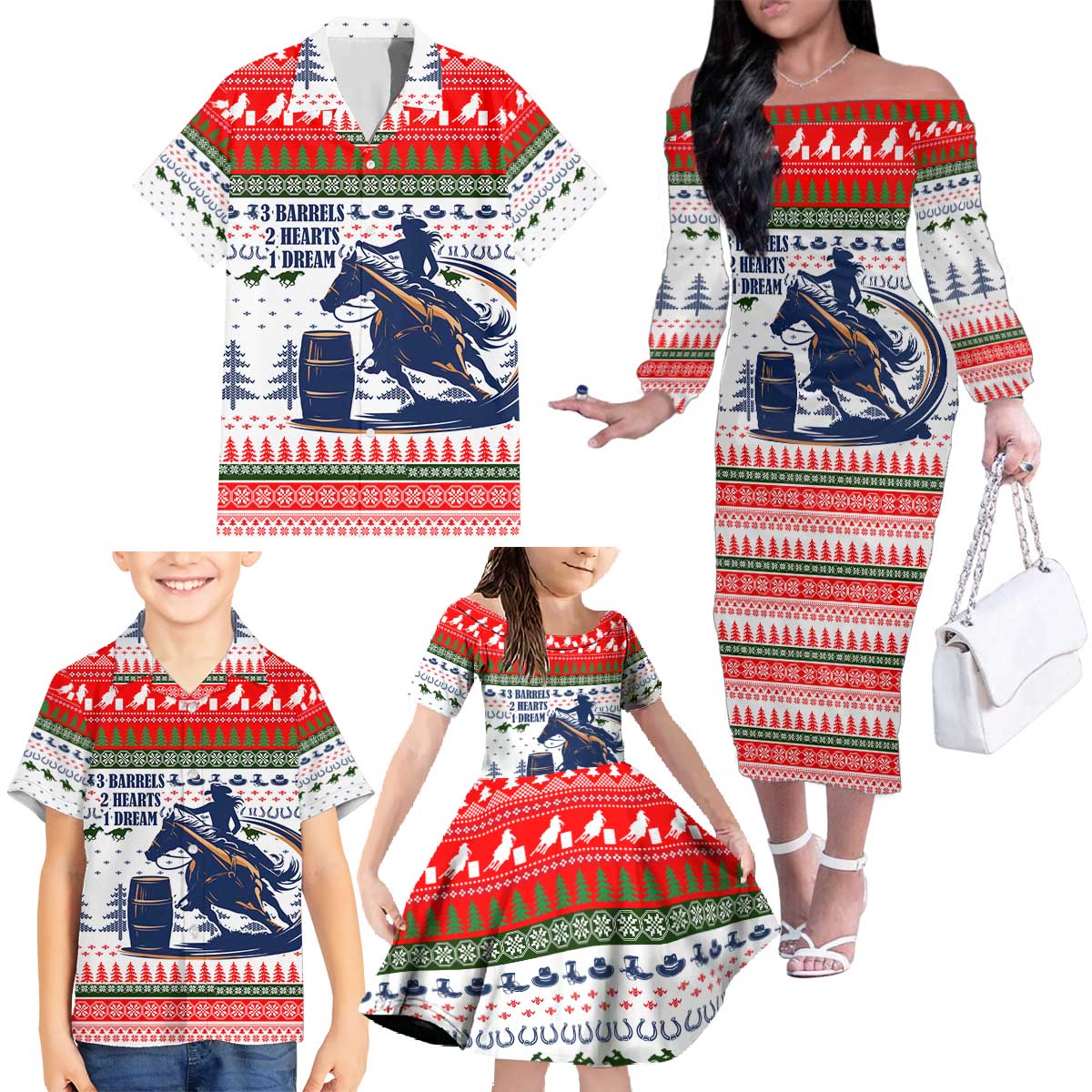 Barrel Racing Christmas Family Matching Off The Shoulder Long Sleeve Dress and Hawaiian Shirt Xmas Holiday Patterns - Wonder Print Shop