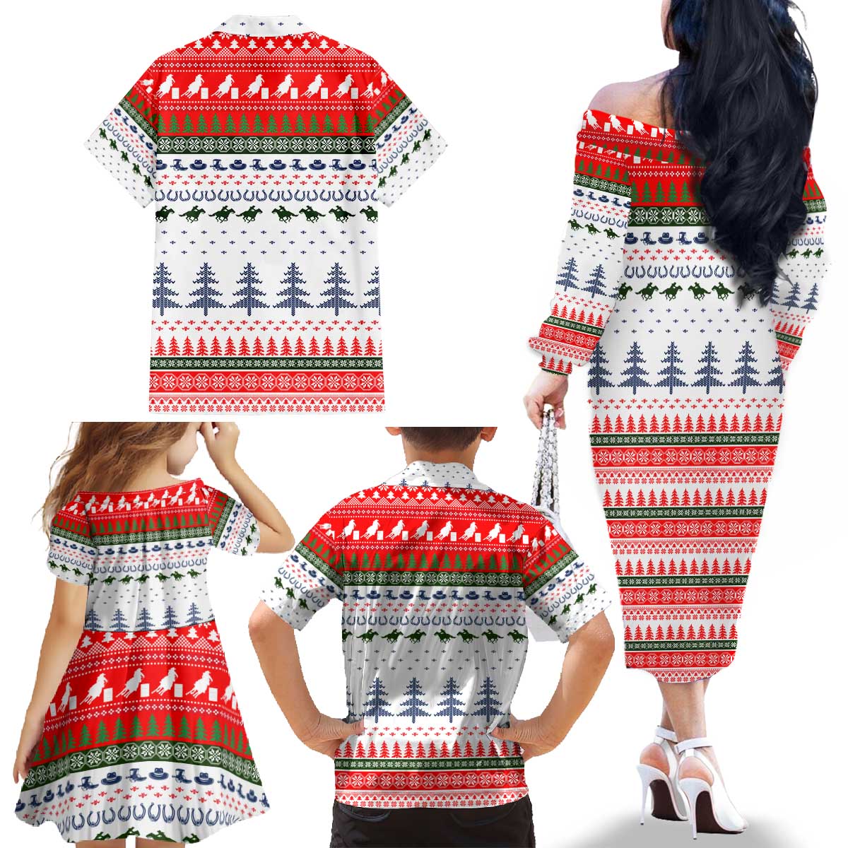 Barrel Racing Christmas Family Matching Off The Shoulder Long Sleeve Dress and Hawaiian Shirt Xmas Holiday Patterns - Wonder Print Shop