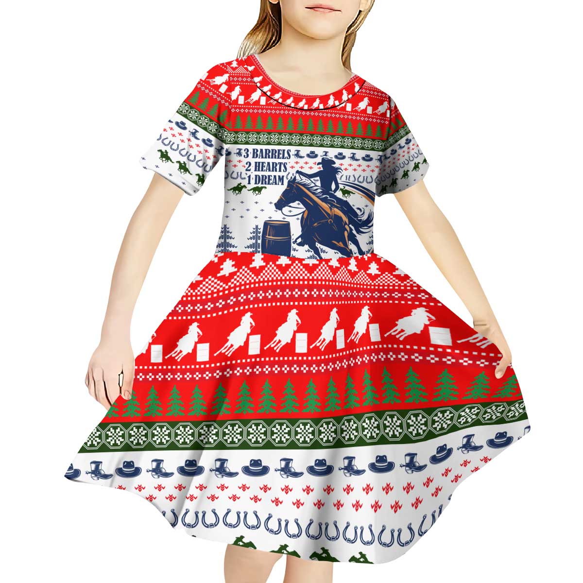 Barrel Racing Christmas Kid Short Sleeve Dress Xmas Holiday Patterns - Wonder Print Shop