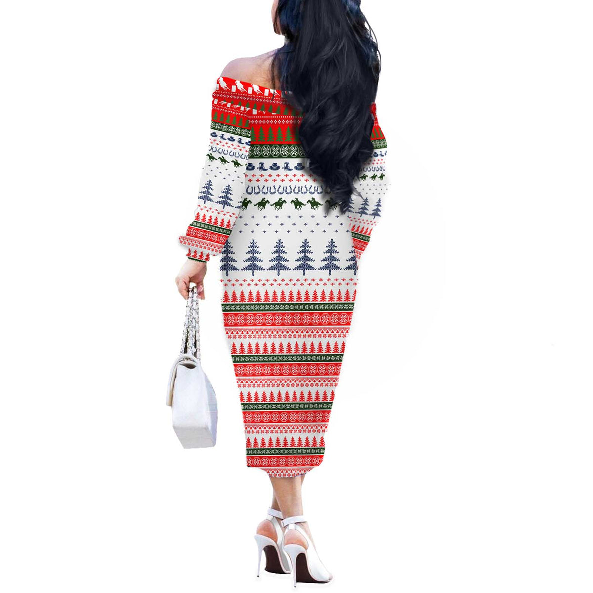 Barrel Racing Christmas Off The Shoulder Long Sleeve Dress Xmas Holiday Patterns - Wonder Print Shop