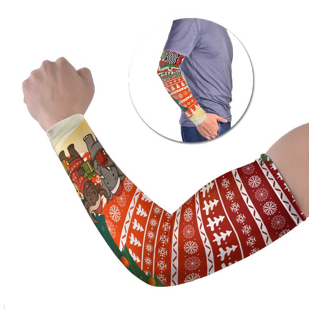 Zambia Christmas Arm Sleeves with African Animals Tree Snowflakes and National Emblem Design - Wonder Print Shop