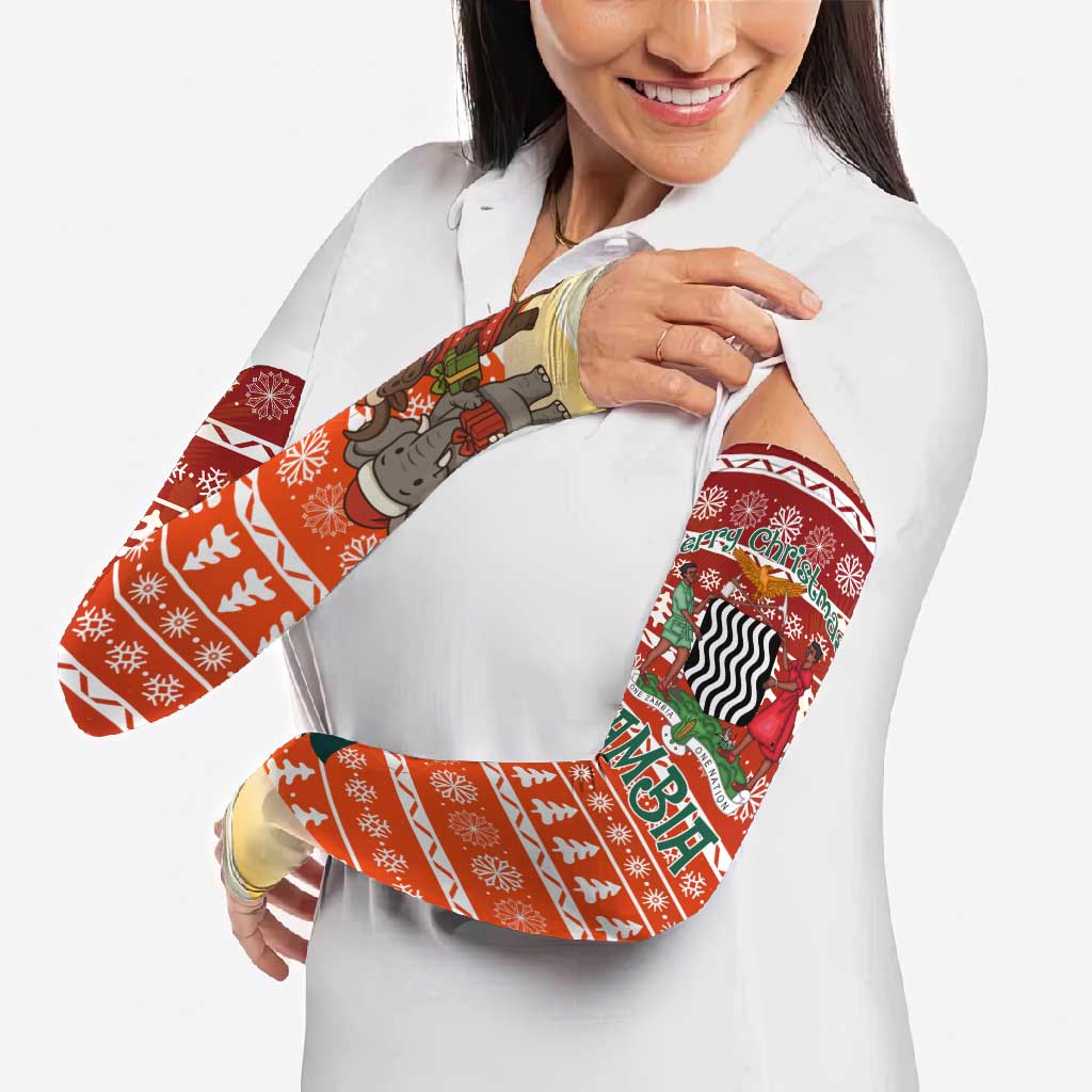 Zambia Christmas Arm Sleeves with African Animals Tree Snowflakes and National Emblem Design - Wonder Print Shop