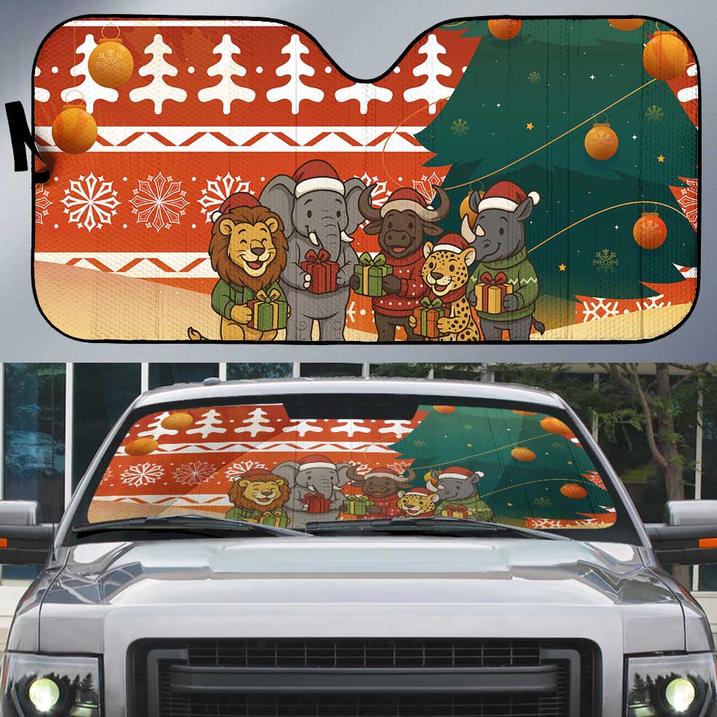 Zambia Christmas Auto Sun Shade with African Animals Tree Snowflakes and National Emblem Design - Wonder Print Shop