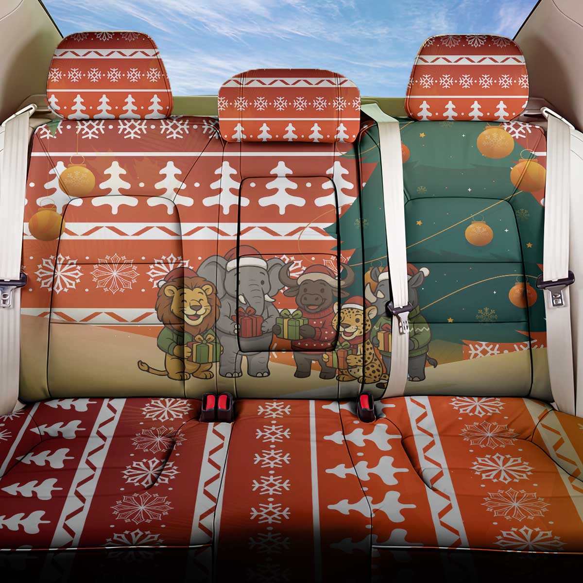 Zambia Christmas Back Car Seat Cover with African Animals Tree Snowflakes and National Emblem Design - Wonder Print Shop