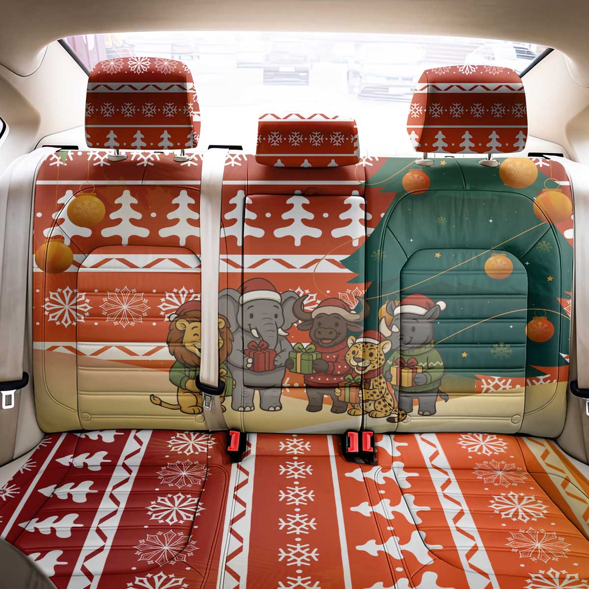 Zambia Christmas Back Car Seat Cover with African Animals Tree Snowflakes and National Emblem Design - Wonder Print Shop