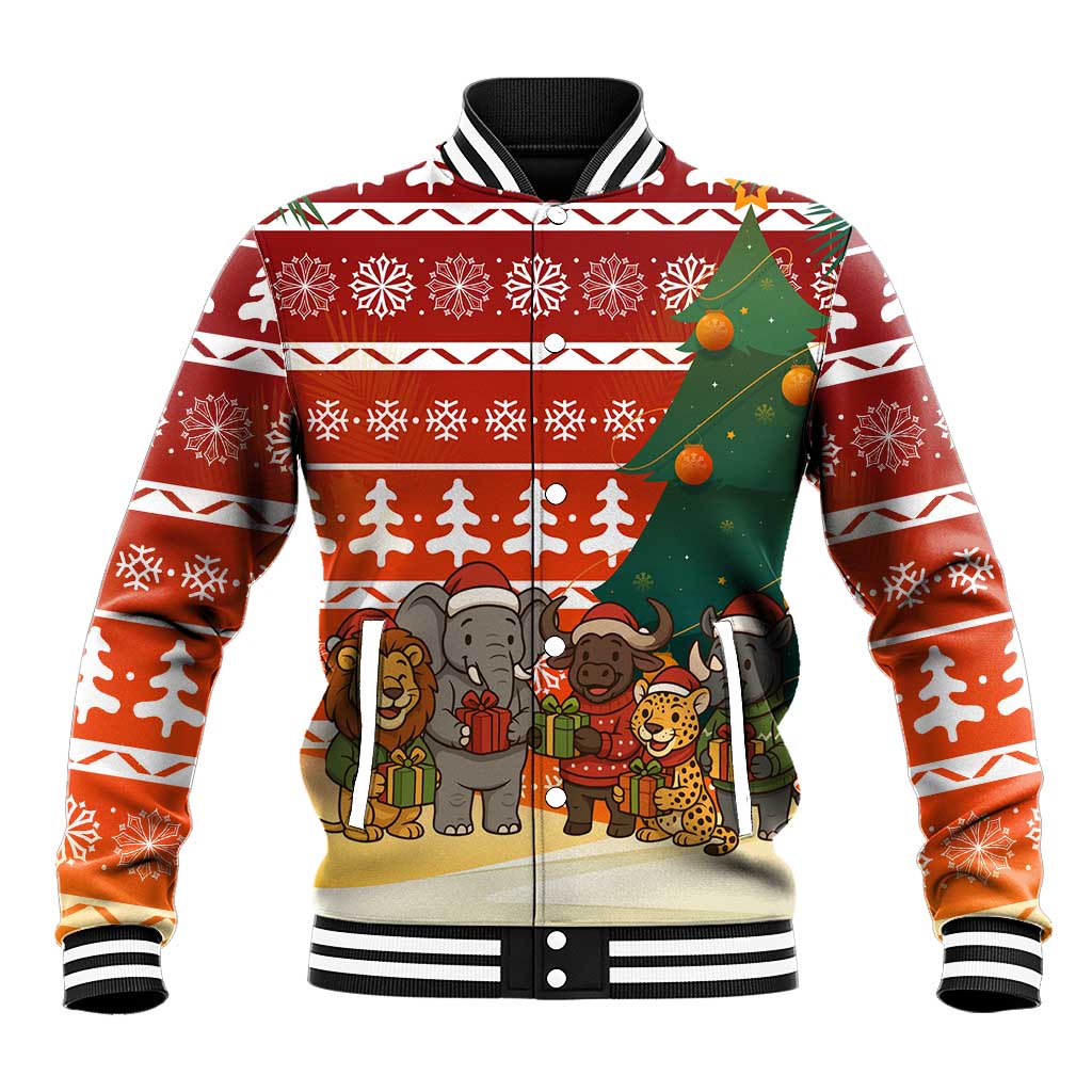 Zambia Christmas Baseball Jacket with African Animals Tree Snowflakes and National Emblem Design - Wonder Print Shop