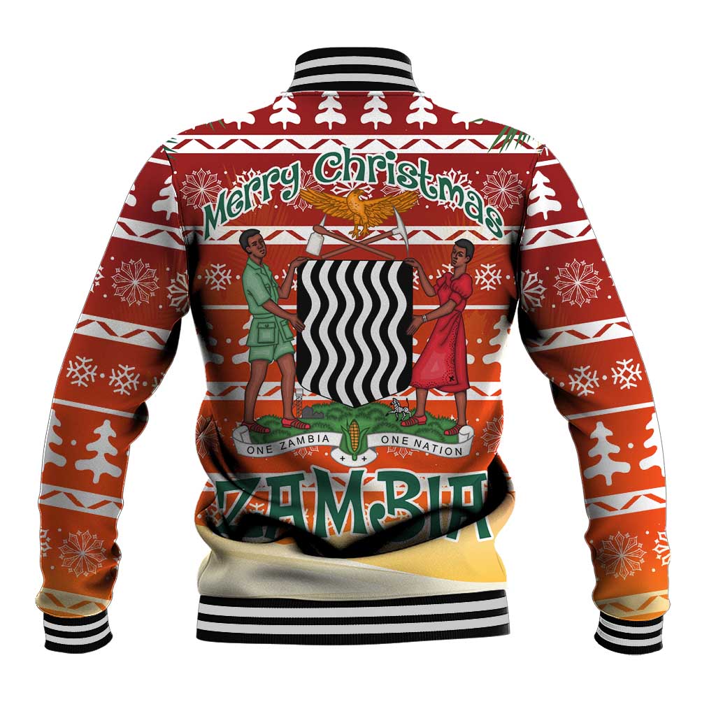 Zambia Christmas Baseball Jacket with African Animals Tree Snowflakes and National Emblem Design - Wonder Print Shop