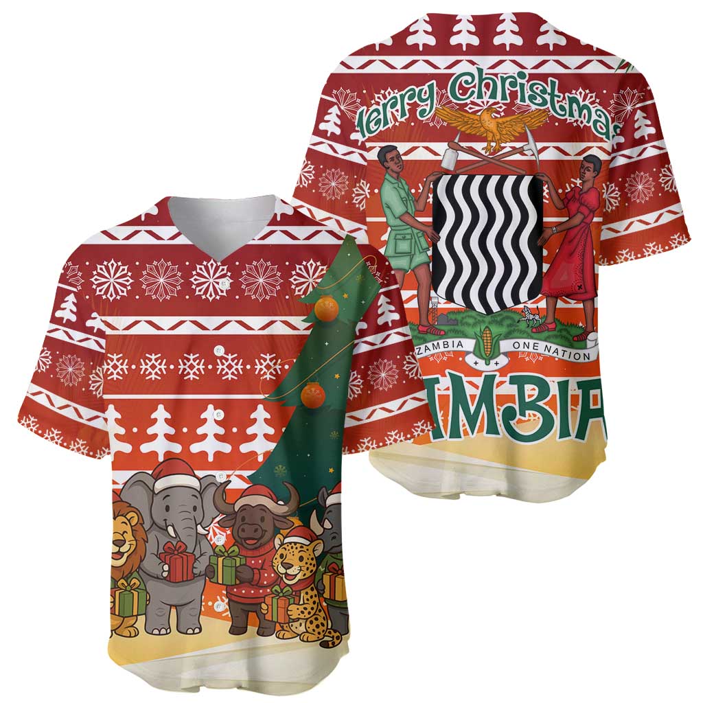 Zambia Christmas Baseball Jersey with African Animals Tree Snowflakes and National Emblem Design - Wonder Print Shop