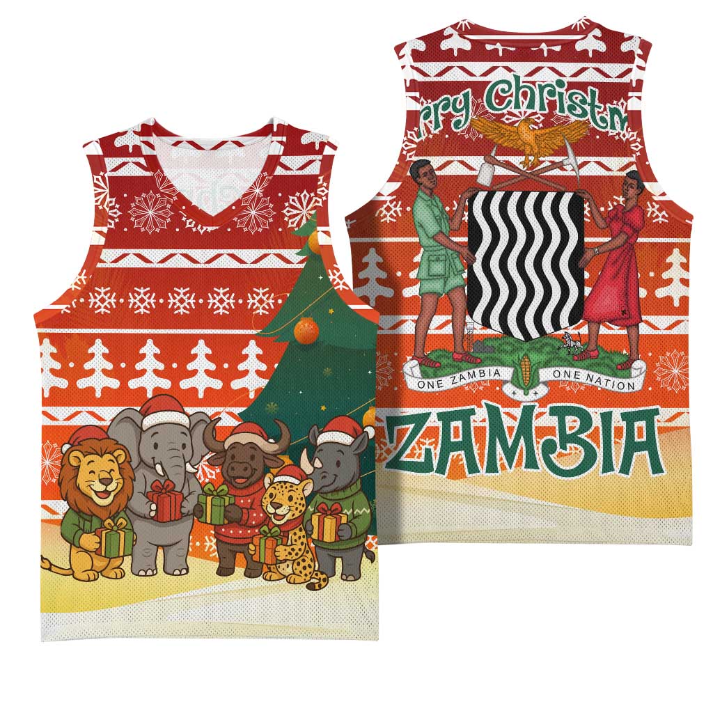 Zambia Christmas Basketball Jersey with African Animals Tree Snowflakes and National Emblem Design - Wonder Print Shop