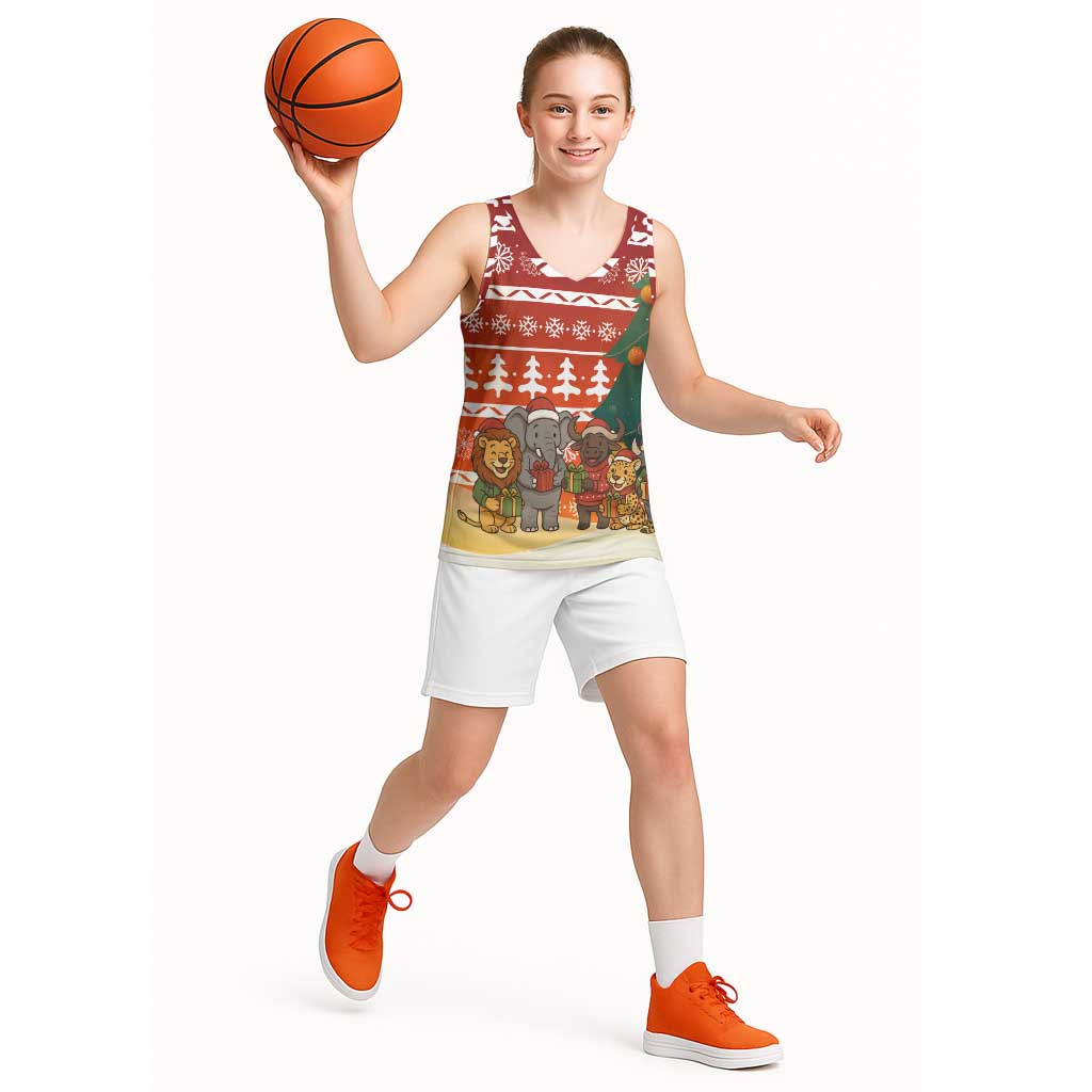 Zambia Christmas Basketball Jersey with African Animals Tree Snowflakes and National Emblem Design - Wonder Print Shop