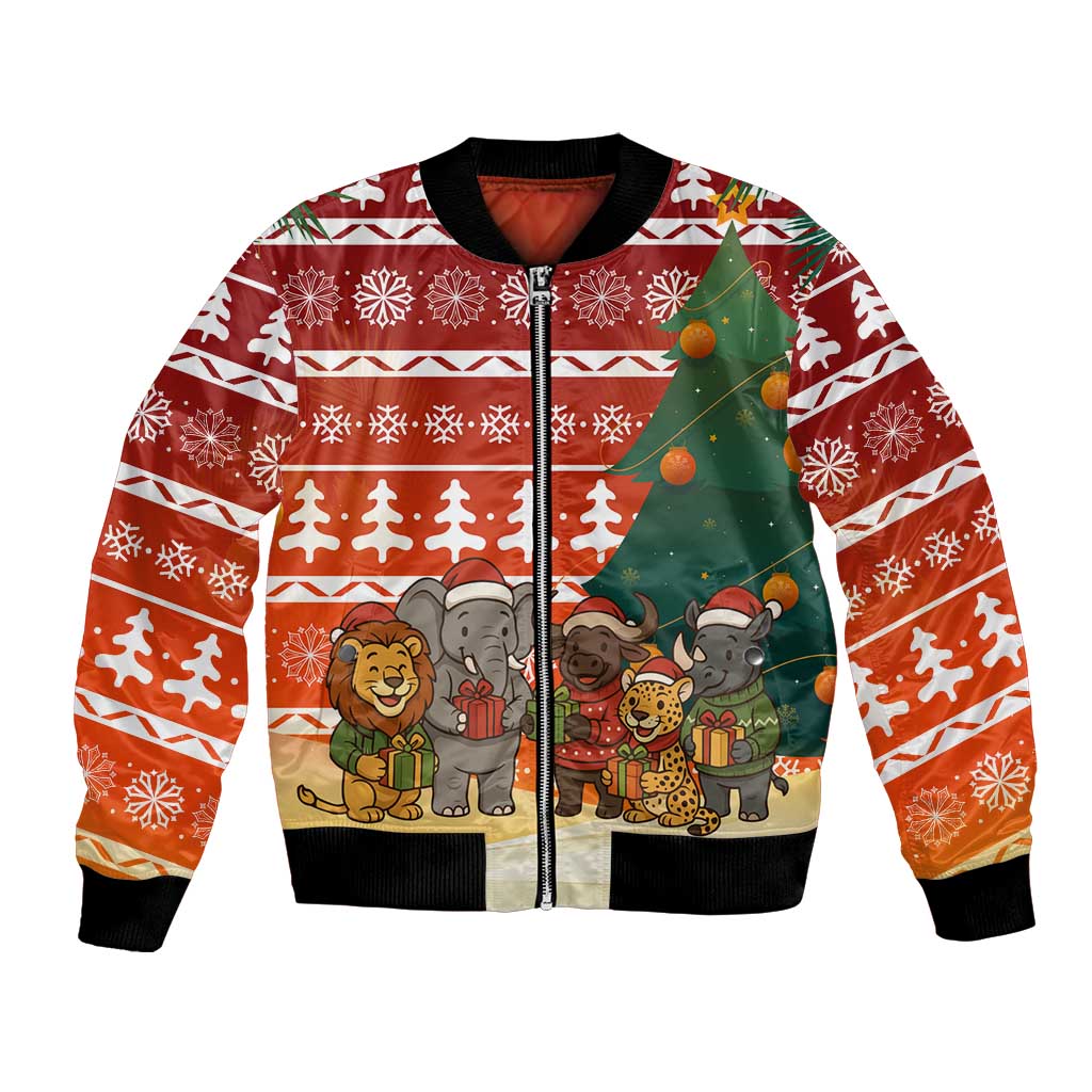 Zambia Christmas Bomber Jacket with African Animals Tree Snowflakes and National Emblem Design - Wonder Print Shop