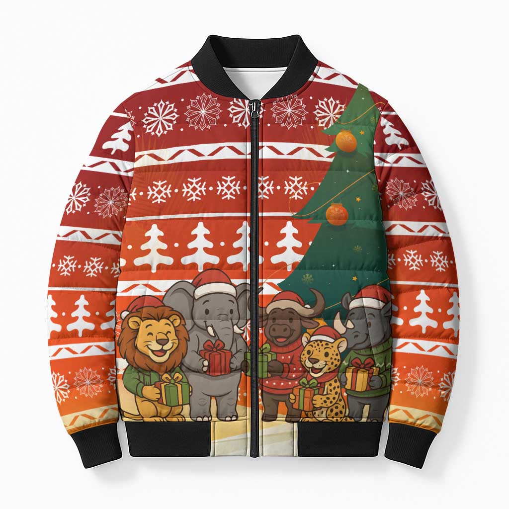 Zambia Christmas Bomber Puffer Jacket with African Animals Tree Snowflakes and National Emblem Design - Wonder Print Shop