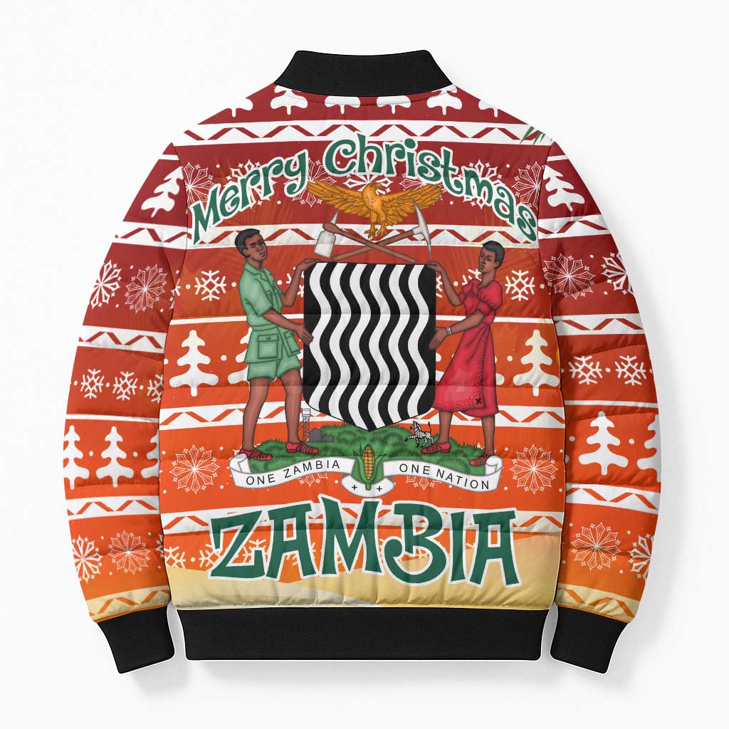 Zambia Christmas Bomber Puffer Jacket with African Animals Tree Snowflakes and National Emblem Design - Wonder Print Shop