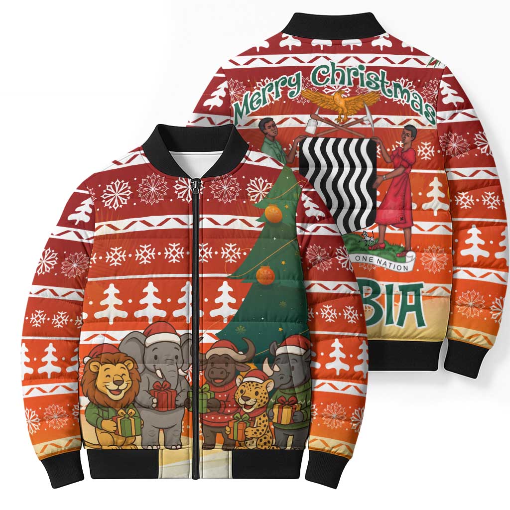Zambia Christmas Bomber Puffer Jacket with African Animals Tree Snowflakes and National Emblem Design - Wonder Print Shop