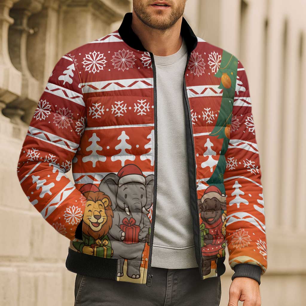 Zambia Christmas Bomber Puffer Jacket with African Animals Tree Snowflakes and National Emblem Design - Wonder Print Shop