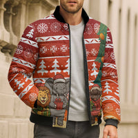 Zambia Christmas Bomber Puffer Jacket with African Animals Tree Snowflakes and National Emblem Design - Wonder Print Shop