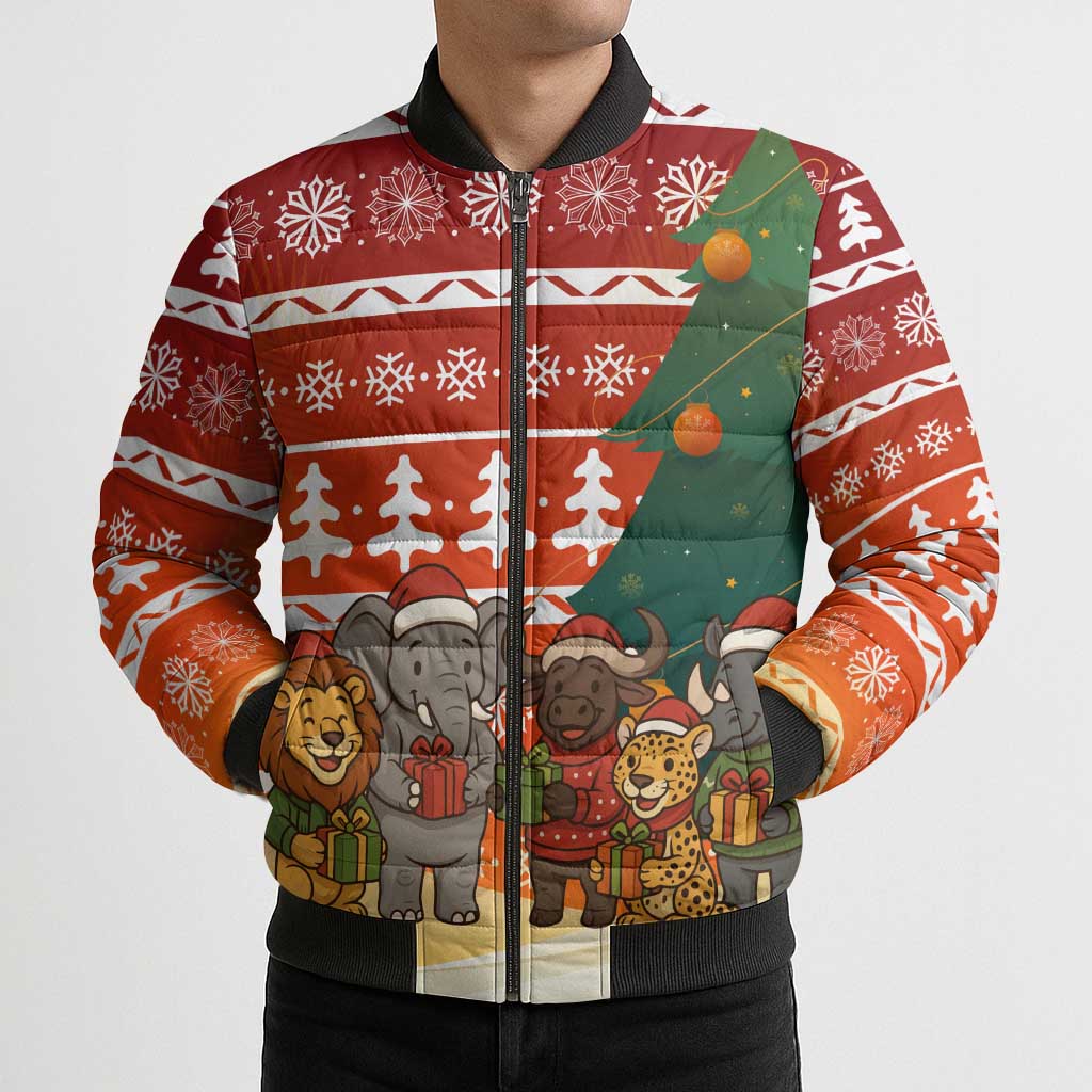 Zambia Christmas Bomber Puffer Jacket with African Animals Tree Snowflakes and National Emblem Design - Wonder Print Shop