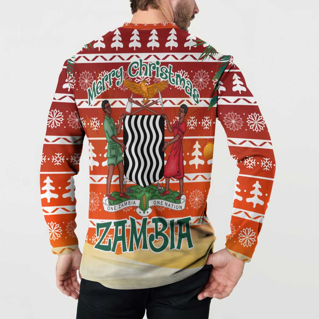Zambia Christmas Button Sweatshirt with African Animals Tree Snowflakes and National Emblem Design - Wonder Print Shop