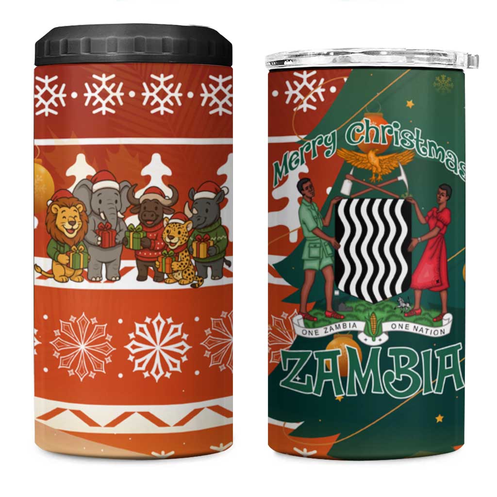 Zambia Christmas 4 in 1 Can Cooler Tumbler with African Animals Tree Snowflakes and National Emblem Design - Wonder Print Shop