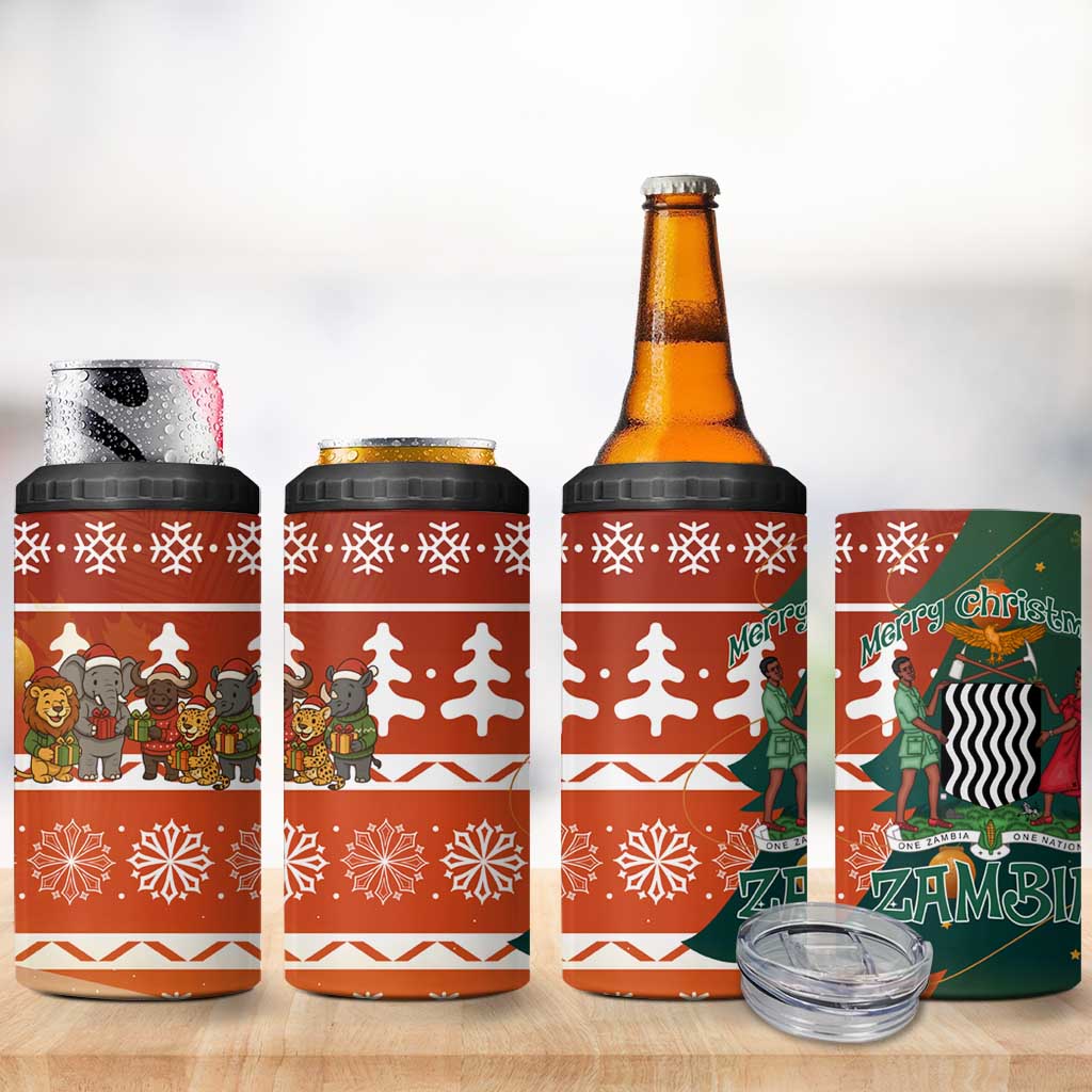 Zambia Christmas 4 in 1 Can Cooler Tumbler with African Animals Tree Snowflakes and National Emblem Design - Wonder Print Shop