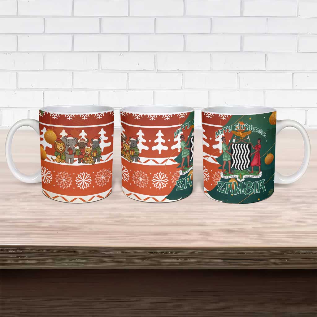 Zambia Christmas Ceramic Mug with African Animals Tree Snowflakes and National Emblem Design - Wonder Print Shop