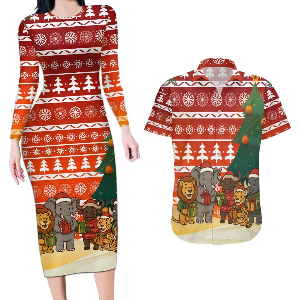 Zambia Christmas Couples Matching Long Sleeve Bodycon Dress and Hawaiian Shirt with African Animals Tree Snowflakes and National Emblem Design - Wonder Print Shop