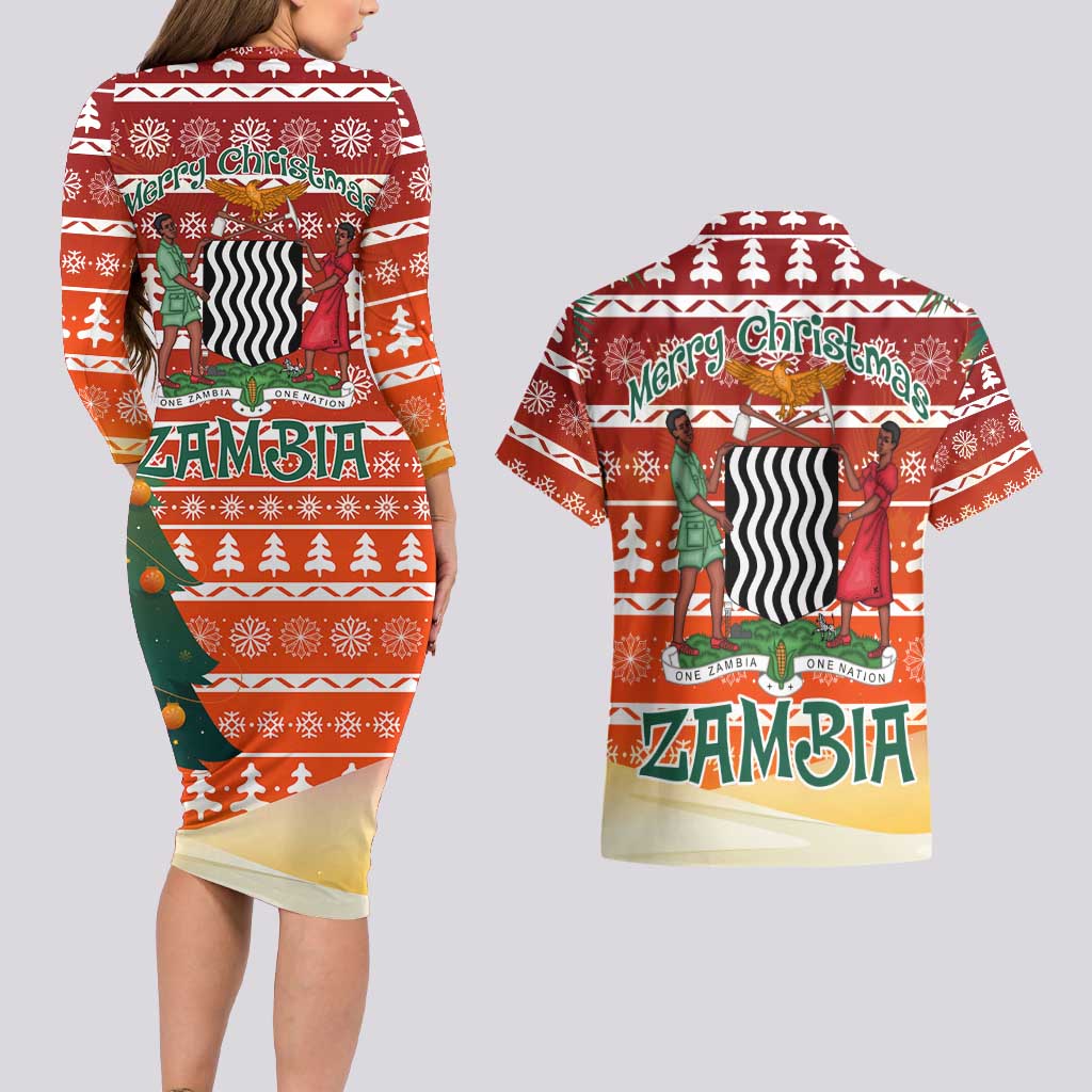 Zambia Christmas Couples Matching Long Sleeve Bodycon Dress and Hawaiian Shirt with African Animals Tree Snowflakes and National Emblem Design - Wonder Print Shop