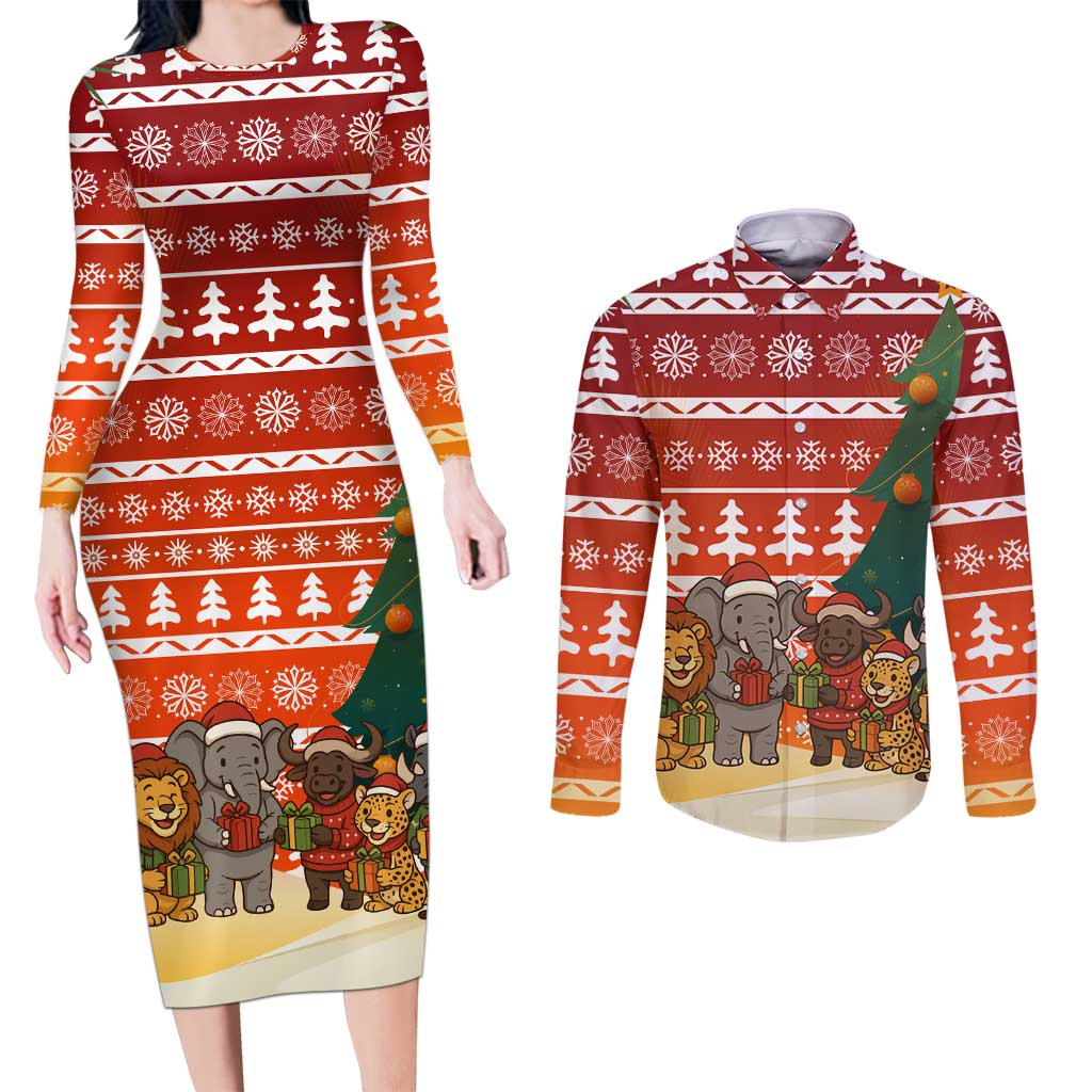 Zambia Christmas Couples Matching Long Sleeve Bodycon Dress and Long Sleeve Button Shirt with African Animals Tree Snowflakes and National Emblem Design - Wonder Print Shop