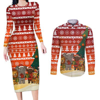 Zambia Christmas Couples Matching Long Sleeve Bodycon Dress and Long Sleeve Button Shirt with African Animals Tree Snowflakes and National Emblem Design - Wonder Print Shop