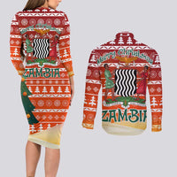 Zambia Christmas Couples Matching Long Sleeve Bodycon Dress and Long Sleeve Button Shirt with African Animals Tree Snowflakes and National Emblem Design - Wonder Print Shop