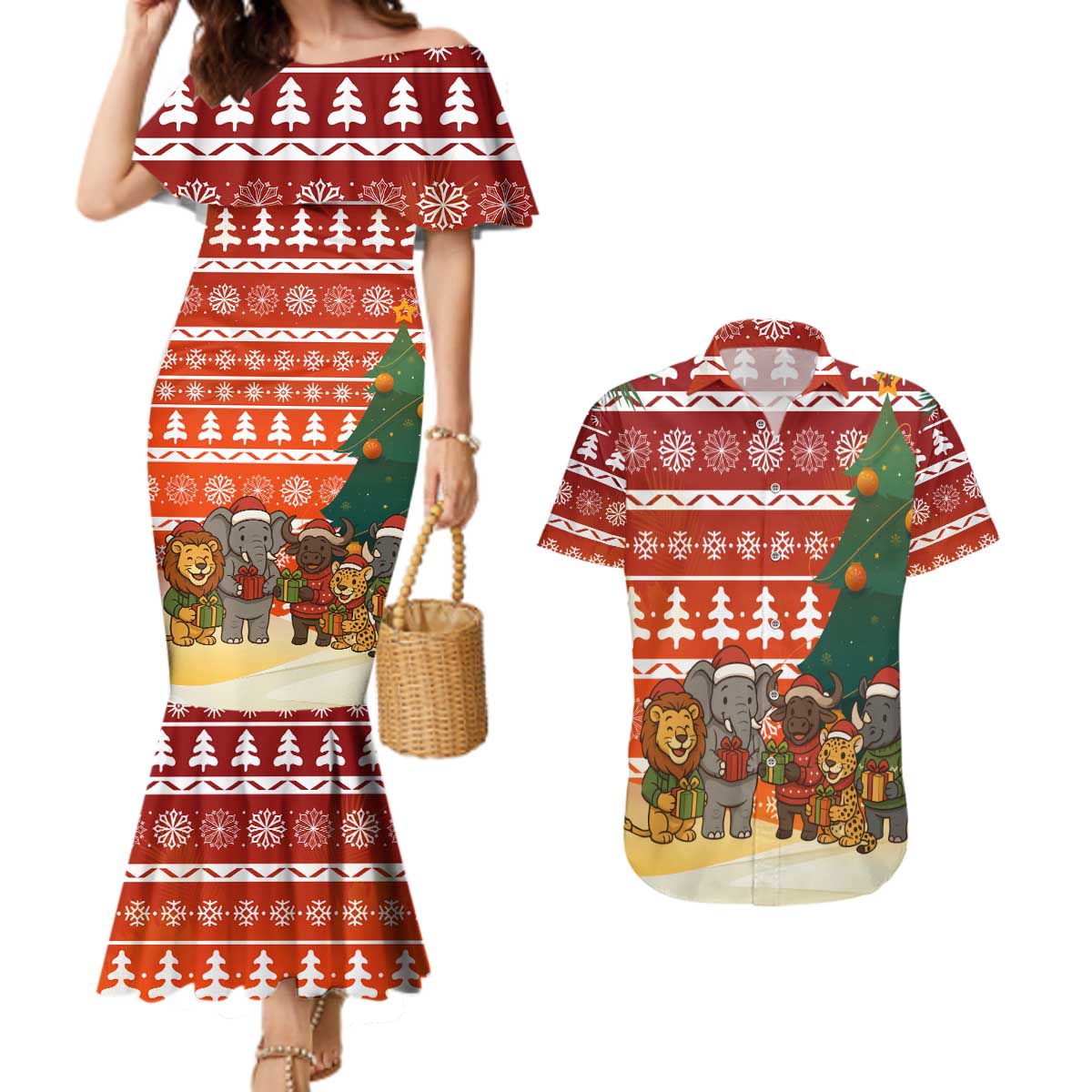 Zambia Christmas Couples Matching Mermaid Dress and Hawaiian Shirt with African Animals Tree Snowflakes and National Emblem Design - Wonder Print Shop