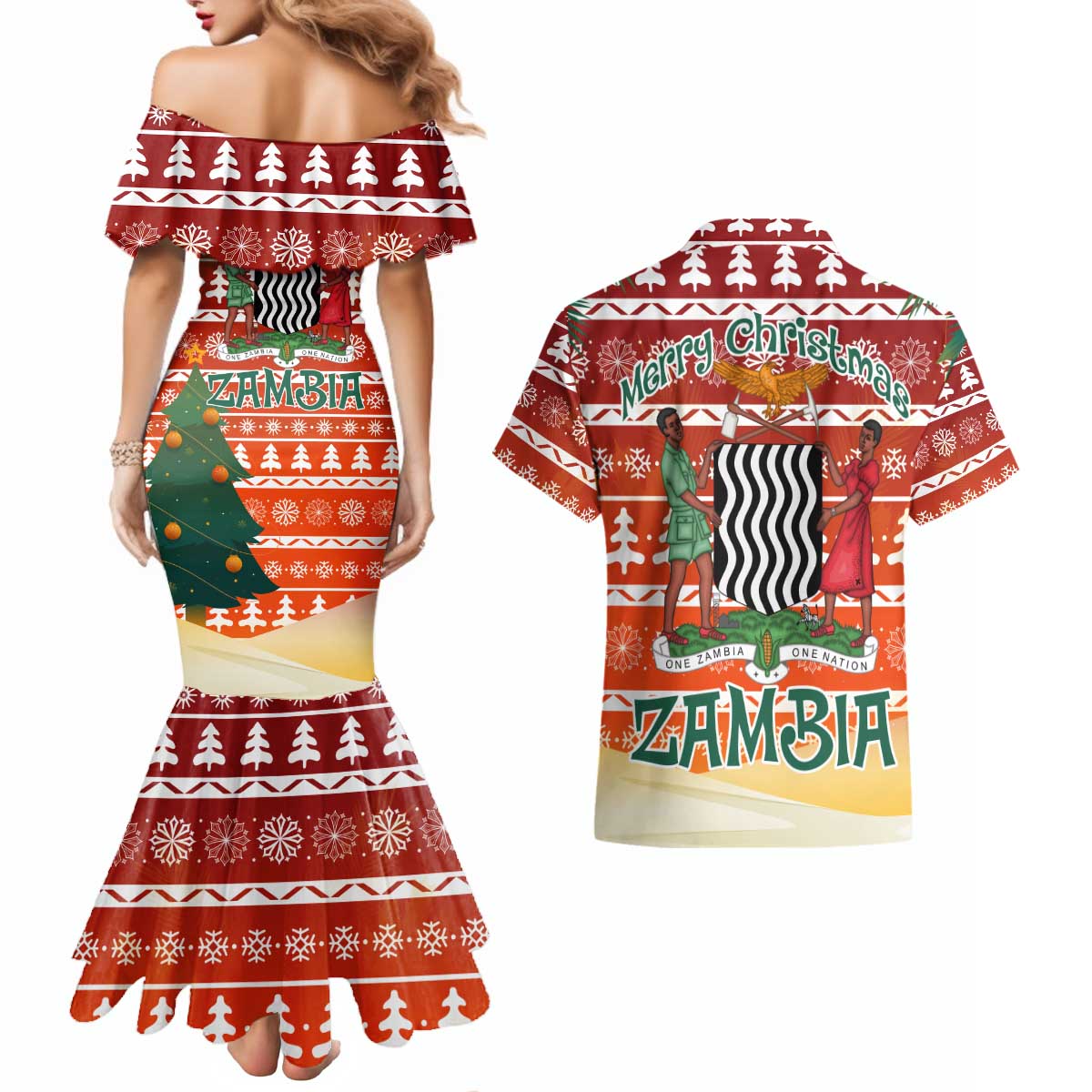 Zambia Christmas Couples Matching Mermaid Dress and Hawaiian Shirt with African Animals Tree Snowflakes and National Emblem Design - Wonder Print Shop