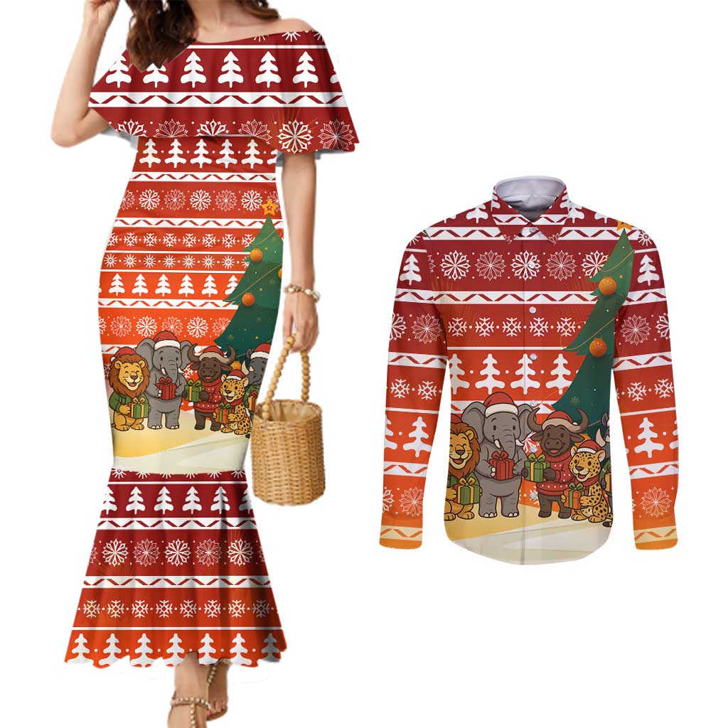 Zambia Christmas Couples Matching Mermaid Dress and Long Sleeve Button Shirt with African Animals Tree Snowflakes and National Emblem Design - Wonder Print Shop