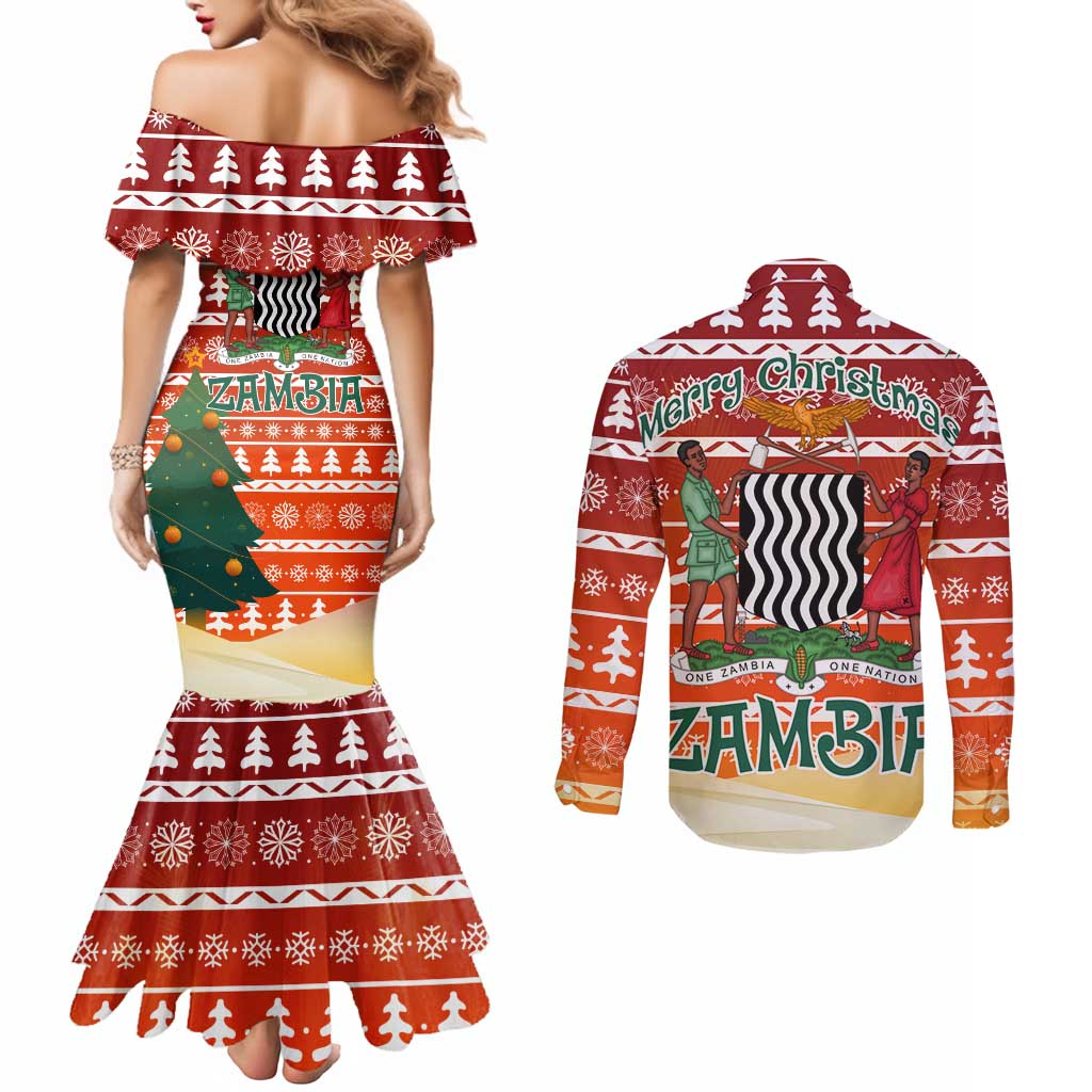 Zambia Christmas Couples Matching Mermaid Dress and Long Sleeve Button Shirt with African Animals Tree Snowflakes and National Emblem Design - Wonder Print Shop