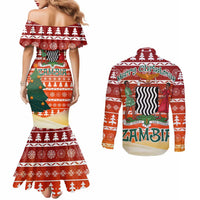 Zambia Christmas Couples Matching Mermaid Dress and Long Sleeve Button Shirt with African Animals Tree Snowflakes and National Emblem Design - Wonder Print Shop