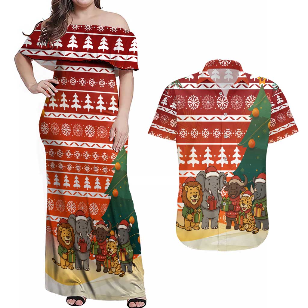 Zambia Christmas Couples Matching Off Shoulder Maxi Dress and Hawaiian Shirt with African Animals Tree Snowflakes and National Emblem Design - Wonder Print Shop