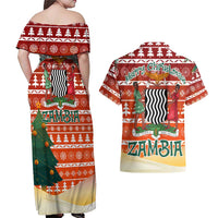Zambia Christmas Couples Matching Off Shoulder Maxi Dress and Hawaiian Shirt with African Animals Tree Snowflakes and National Emblem Design - Wonder Print Shop