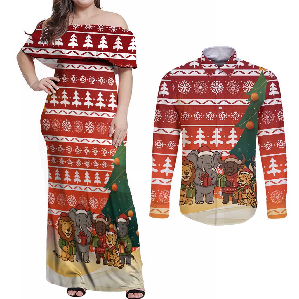 Zambia Christmas Couples Matching Off Shoulder Maxi Dress and Long Sleeve Button Shirt with African Animals Tree Snowflakes and National Emblem Design - Wonder Print Shop