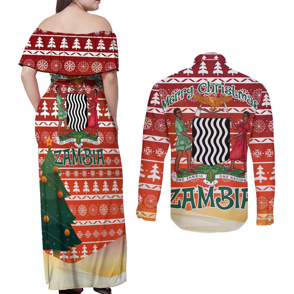 Zambia Christmas Couples Matching Off Shoulder Maxi Dress and Long Sleeve Button Shirt with African Animals Tree Snowflakes and National Emblem Design - Wonder Print Shop