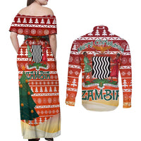Zambia Christmas Couples Matching Off Shoulder Maxi Dress and Long Sleeve Button Shirt with African Animals Tree Snowflakes and National Emblem Design - Wonder Print Shop
