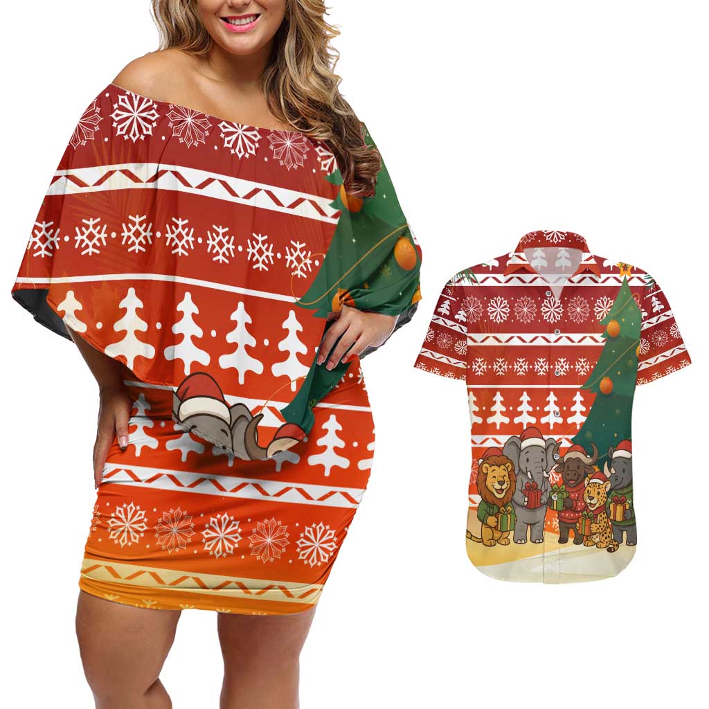 Zambia Christmas Couples Matching Off Shoulder Short Dress and Hawaiian Shirt with African Animals Tree Snowflakes and National Emblem Design - Wonder Print Shop
