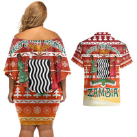 Zambia Christmas Couples Matching Off Shoulder Short Dress and Hawaiian Shirt with African Animals Tree Snowflakes and National Emblem Design - Wonder Print Shop