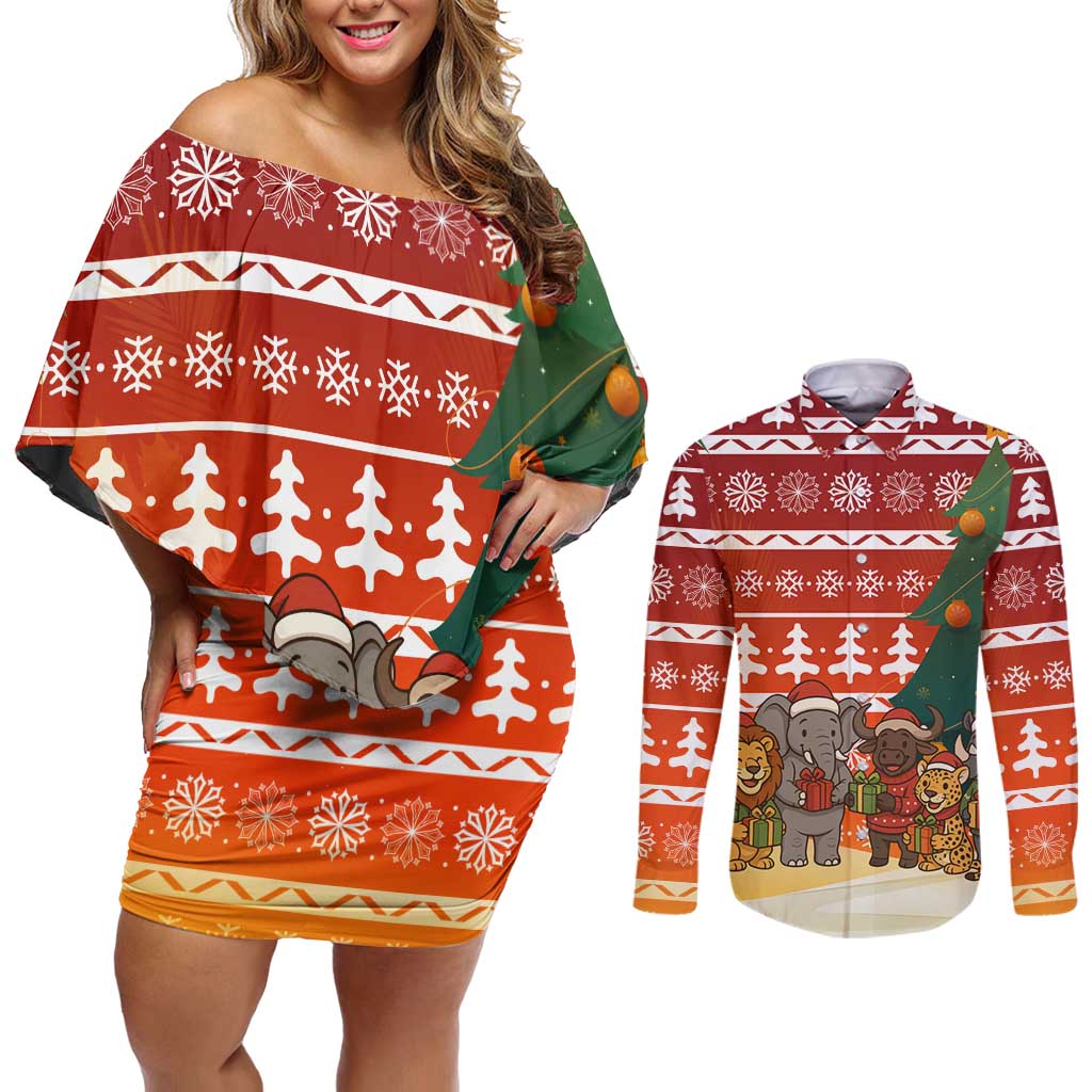 Zambia Christmas Couples Matching Off Shoulder Short Dress and Long Sleeve Button Shirt with African Animals Tree Snowflakes and National Emblem Design - Wonder Print Shop