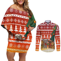 Zambia Christmas Couples Matching Off Shoulder Short Dress and Long Sleeve Button Shirt with African Animals Tree Snowflakes and National Emblem Design - Wonder Print Shop