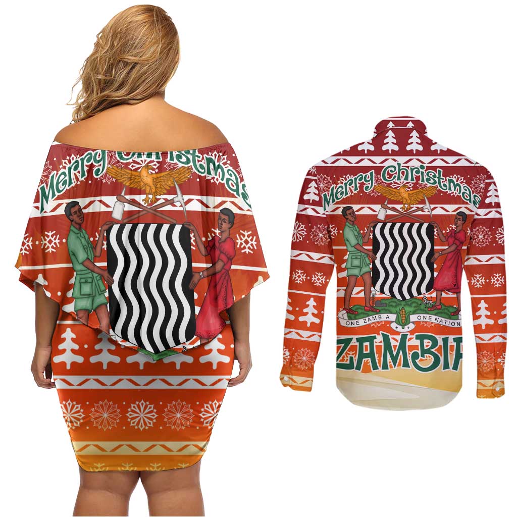 Zambia Christmas Couples Matching Off Shoulder Short Dress and Long Sleeve Button Shirt with African Animals Tree Snowflakes and National Emblem Design - Wonder Print Shop