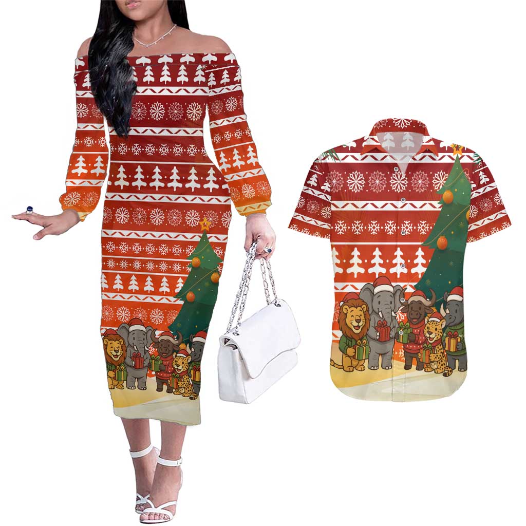 Zambia Christmas Couples Matching Off The Shoulder Long Sleeve Dress and Hawaiian Shirt with African Animals Tree Snowflakes and National Emblem Design - Wonder Print Shop