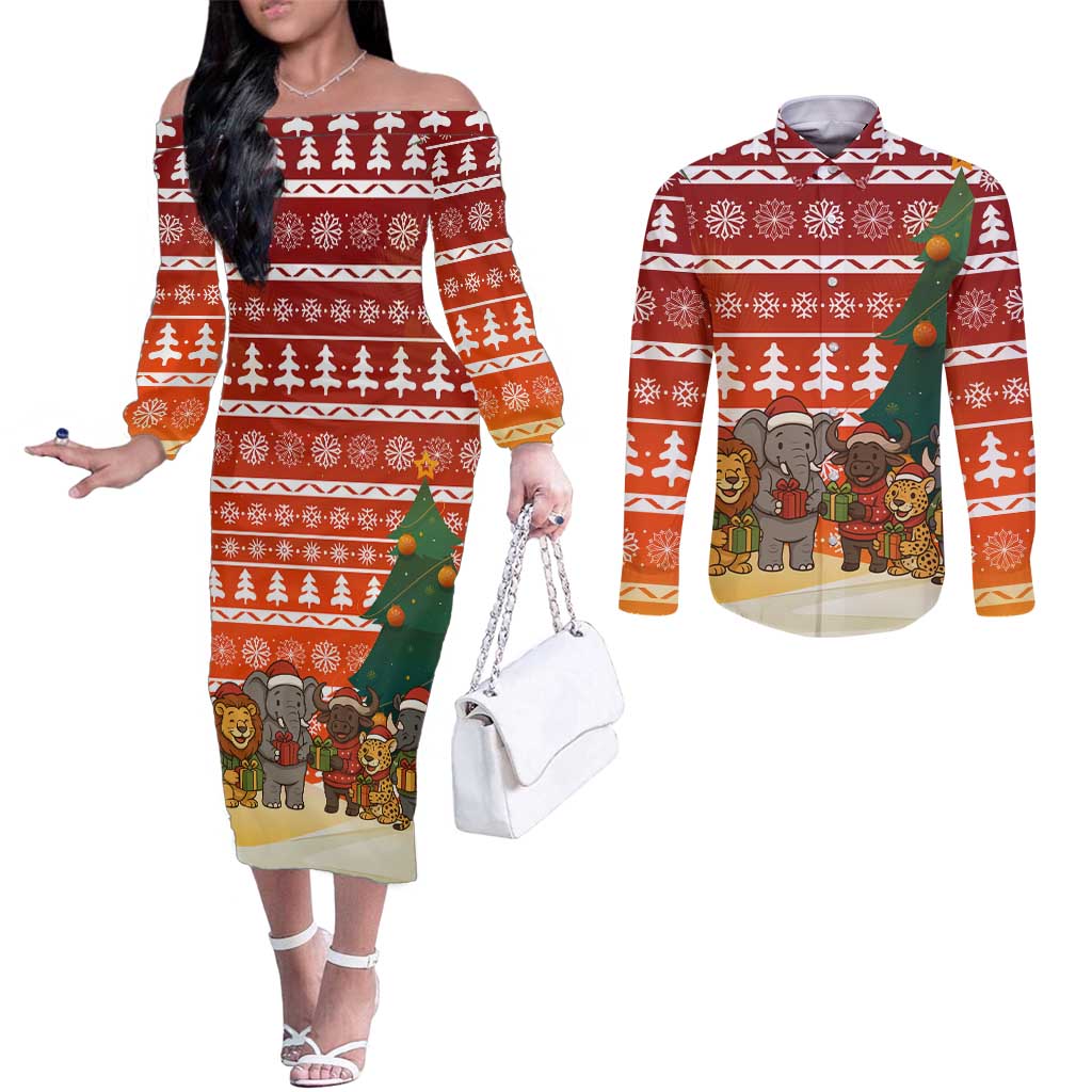 Zambia Christmas Couples Matching Off The Shoulder Long Sleeve Dress and Long Sleeve Button Shirt with African Animals Tree Snowflakes and National Emblem Design - Wonder Print Shop