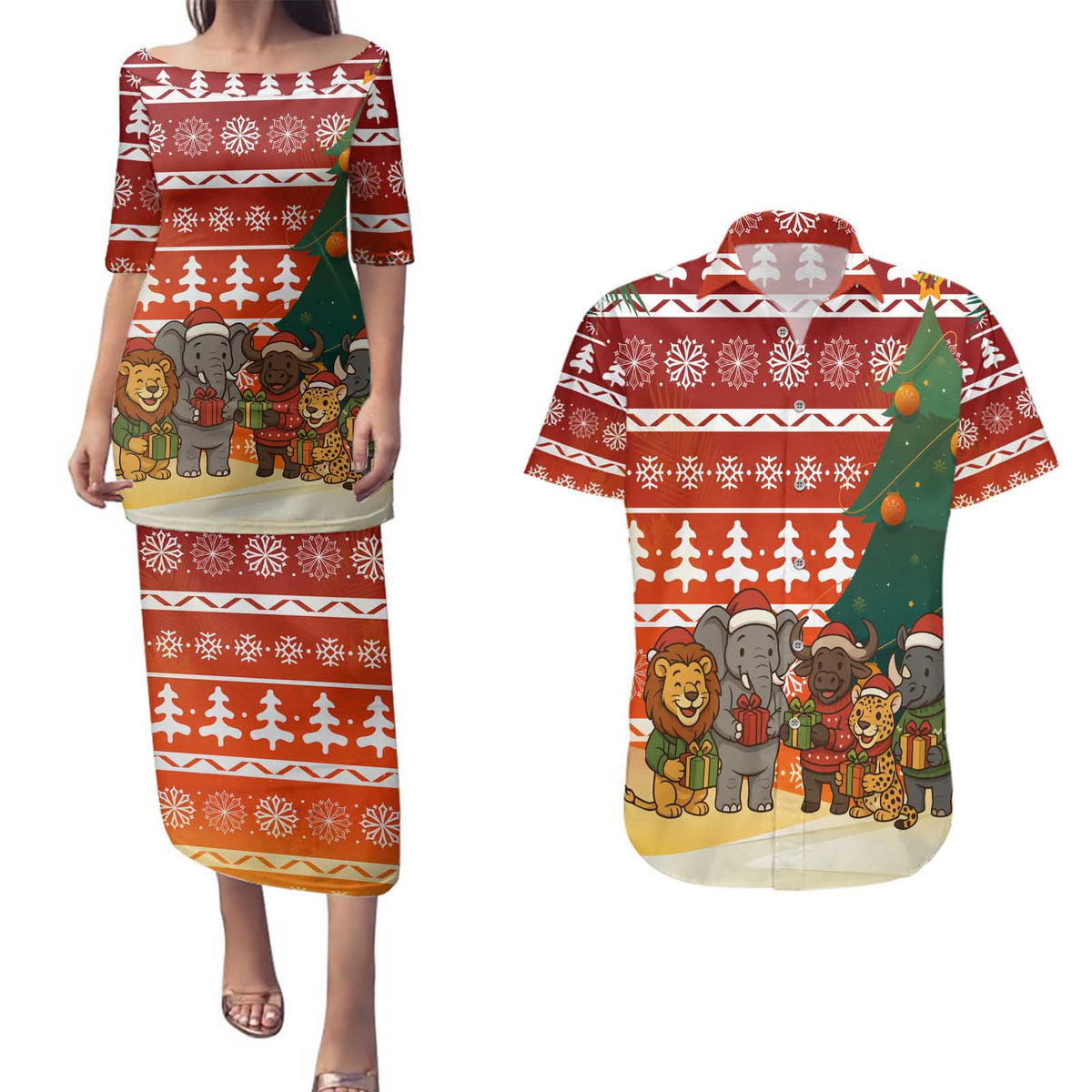 Zambia Christmas Couples Matching Puletasi and Hawaiian Shirt with African Animals Tree Snowflakes and National Emblem Design - Wonder Print Shop