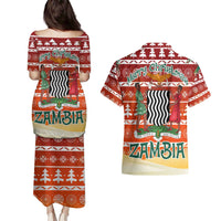 Zambia Christmas Couples Matching Puletasi and Hawaiian Shirt with African Animals Tree Snowflakes and National Emblem Design - Wonder Print Shop